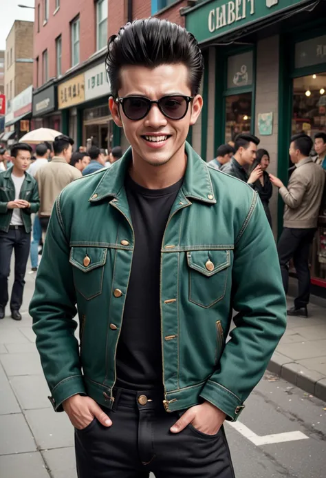 (full shot) of (rebellious greaser) adult man, chinese, tan skin, hazel eyes, Average build, quiff, wearing a dark green denim jacket, black trousers, brogues, sunglasses,  set in the 1950s, in  an energetic street corner, with groups of greasers, vintage shops, classic cars, and lively interactions, man smiling, ,Masterpiece,best quality, photo, realistic, very aesthetic