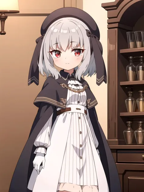 Hat, Red eyes, White dress, masterpiece, best quality, Solo, Silver hair, <lyco:retzel:0.8>, Hair bows, Black coat