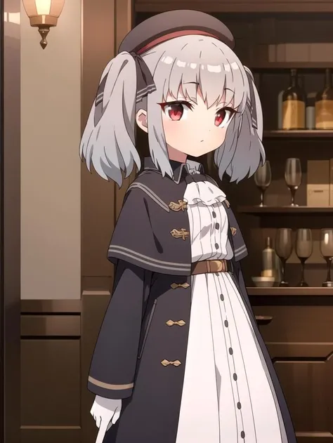 Twin tails, Hat, Red eyes, White dress, masterpiece, best quality, Solo, Silver hair, <lyco:retzel:0.8>, Hair bows, Black coat