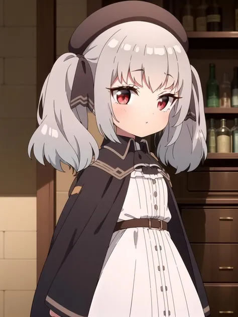 Twin tails, Hat, Red eyes, White dress, masterpiece, best quality, Solo, Silver hair, <lyco:retzel:0.8>, Hair bows, Black coat