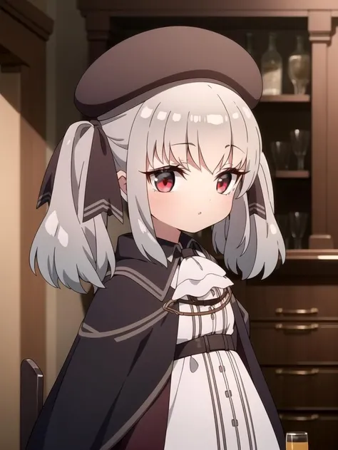 Twin tails, Hat, Red eyes, White dress, masterpiece, best quality, Solo, Silver hair, <lyco:retzel:0.8>, Hair bows, Black coat