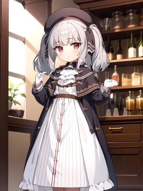 Twin tails, Hat, Red eyes, White dress, masterpiece, best quality, Solo, Silver hair, <lyco:retzel:0.8>, Hair bows, Black coat