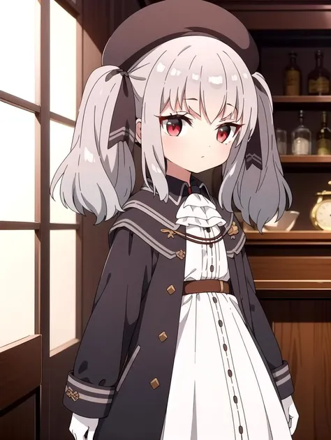 Fluffy hair, Twin tails, Hat, Red eyes, White dress, masterpiece, best quality, Solo, Silver hair, <lyco:retzel:0.8>, Hair bows, Black coat