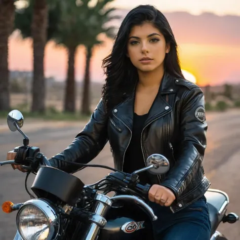 a photo of gina valentina, ohwx, a woman riding a motorcycle, wearing a leather jacket, best quality, cinematic lighting, sunset <lora:ginavalentina_SDXL:0.7>