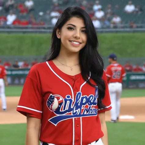 a photo of gina valentina, ohwx, a woman at a baseball game, wearing a jersey, smile, best quality, <lora:ginavalentina_SDXL:0.7>
