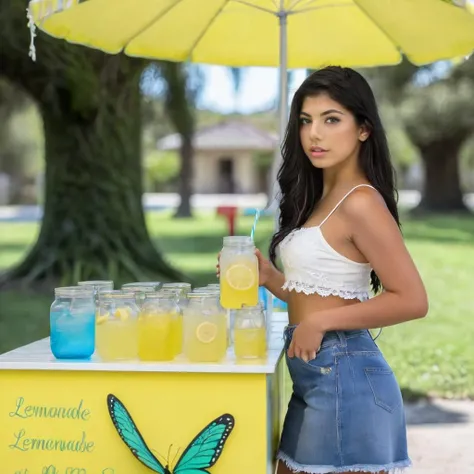 a photo of gina valentina, ohwx, a woman at a lemonade stand, best quality, <lora:ginavalentina_SDXL:0.9>