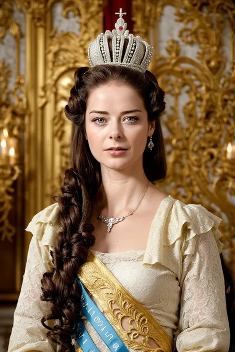 best quality,masterpiece,palace hall,1 girl, (youngful:1.2),crown,jewellery,long straight hair, hair,Marina Aleksandrova, hand behind,(portrait:1.2),<lora:Marina Aleksandrova V3:0.95>,light from front,looking at viewer,