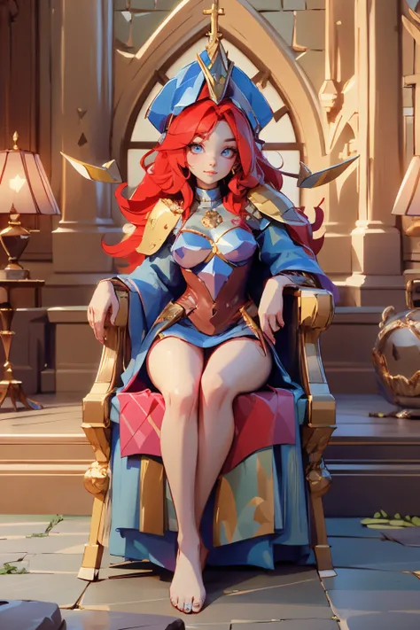 centered, 1girl, long red hair, symetrical headwear, medium breasts, (looking at viewer:1.2), (sitting on the throne) wood brown throne, barefoot, blue fingernails , short armor, blue coat, magic aura, purple armor, | fantasy castle, morning time, night, big cathedral windows, symetrical background, | bokeh, depth of field, , long red hair, red hair,<lora:EMS-52323-EMS:0.800000>
