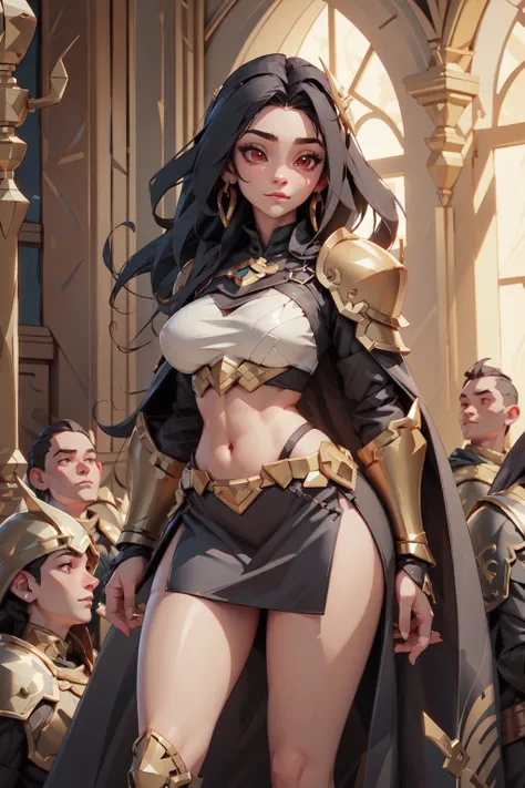 Highres,  best quality,  extremely detailed,  female paladin,  dark armor,  revealed belly,  black feathered cape,  short skirt,  red eyes,  Dark curvy long hair,  overlooking an army,  fantasy style,  area lighting,  hourglass_figure,  HD,  8k,  black hair, <lora:EMS-44663-EMS:0.800000>