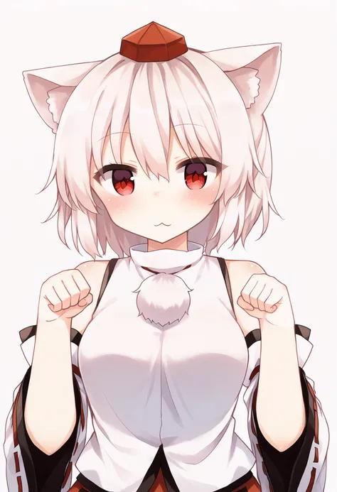 score_9, uncensored, source_anime <lora:shnva_pony_v1:1>
inubashiri momiji, 1girl, solo, breasts, looking at viewer, blush, short hair, simple background, shirt, long sleeves, white background, red eyes, hat, animal ears, hair between eyes, closed mouth, bare shoulders, medium breasts, white shirt, upper body, white hair, detached sleeves, wide sleeves, animal ear fluff, hands up, wolf ears, ribbon trim, pom pom (clothes), tokin hat, ribbon-trimmed sleeves, paw pose
<lora:Touhou_pony:1>