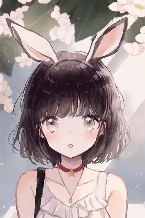 1girl,upper body,black hair,short hair,chibi,simple background,looking at viewer, rabbit <lora:supica_v3-000011:1>