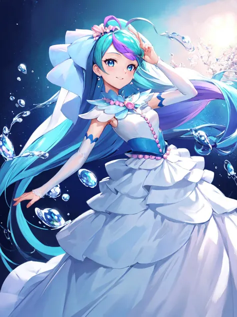 masterpiece, best quality, looking at viewer, depth of field, standing,
1girl, <lora:locon_cure_mermaid_01:0.95>, cure mermaid, princess, white wedding dress, layered dress, long dress, ahoge, arm warmers, white boots, brooch, earrings, jewelry, miniskirt,
smile, ((gradient background)), lens flare, underwater,