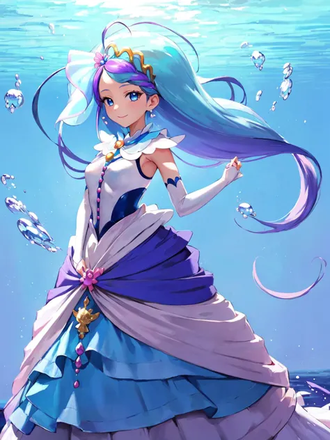 masterpiece, best quality, looking at viewer, depth of field, standing,
1girl, <lora:locon_cure_mermaid_01:0.95>, cure mermaid, princess, white wedding dress, layered dress, long dress, ahoge, arm warmers, white boots, brooch, earrings, jewelry, miniskirt,
smile, ((gradient background)), lens flare, underwater,