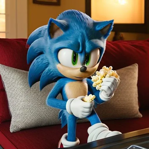 sonic on eating popcorn on couch