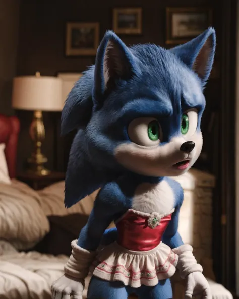 male sonic, standing in bedroom, detailed background, lipstick,
sharp focus, blue fur, two tone body , caught, suprised,
(complex light:1.2) <hypernet:LuisapSONIC_v1:0.55>, crossdressing, dress,
8k hd, photo, (detailed green eyes:1.2), (detailed fur:1.2), depth of field, bokeh, <lora:add_detail:0.7> , (short tail:1.3)