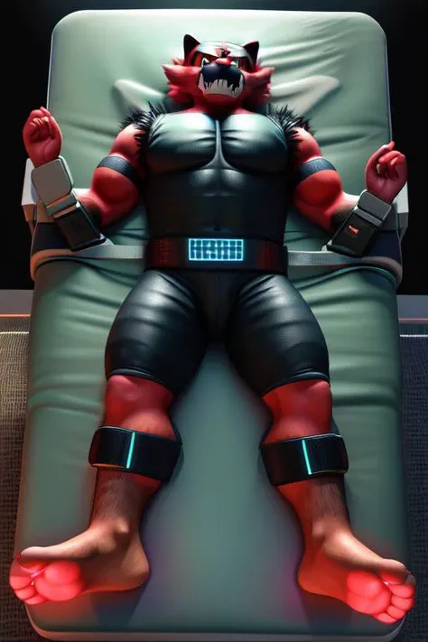 Hyperreal furry 3d art, hypnotised barefoot incineroar, brawny, beefy, himbo male, ninja suit, nice feet paws, placed in mind-control machine, lies on bed, strapped to the bed, brainwasing device (looking like MRI machine), hypnotised by brainwashing machine, hightech device reprograming his brainwaves, mind-control device attached to the bed, his head in the machine, forced obediance, focus on feet paws, Realistic, Photorealistic, (masterpiece:1.5), concept art, intricate details, highly detailed, sharped image, photorealistic, octane render, 8k, best quality, highres, (realistic face:1.1), (hyperrealistic:1.1), ((full_body)), perfect eyes, (((perfect hands))),((dynamic background)), (wide dynamic range, dynamic angles and pose:1.2) correct anatomy
