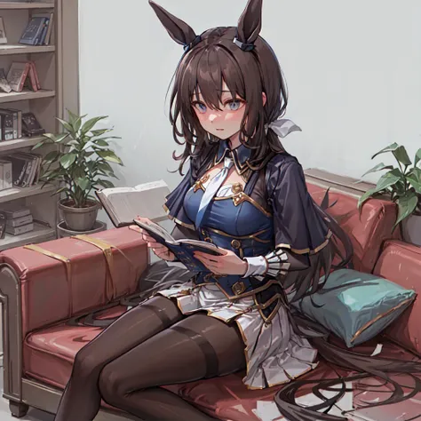 ((masterpiece, best quality)),horse ears, pantyhose,sitting,reading,on couch, library,