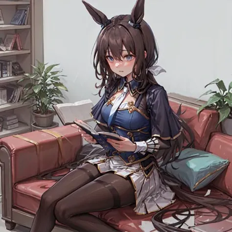 ((masterpiece, best quality)),horse ears, pantyhose,sitting,reading,on couch, library,
