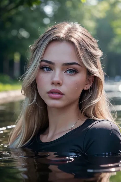 (((masterpiece, photorealistic:1.4, extremely intricate:1.3, radiosity, photon mapping, dtx, 8K))), (((((closeup decolletage, from above:0.2), white t-shirt, smirking, [large breasts:medium breasts:0.2], long curly [blonde hair:black hair:0.6], [skin detail:freckles:0.7], red lips, (18 year old, 18 years, [supermodel:bodybuilder:0.7], tender closeup)), makeup:1.2, clear green eyes)), outdoor submerged in ocean, waves, dark cloudy day, dim, shadows, water reflections)

