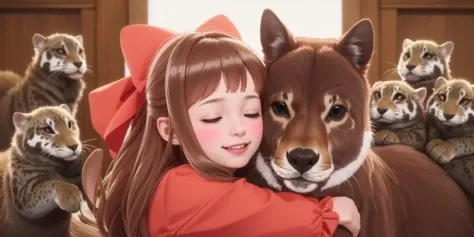 masterpiece, best quality,highres, <lora:nefertima_osfe:0.8>, solo, frills, dress, bow, hair bow, Happy, excited, (hugging a big animal, surrounded by lots of animals:1.45)
