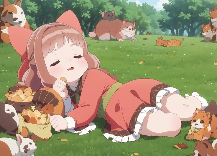 masterpiece, best quality,highres, <lora:nefertima_osfe:0.8>, high angle , solo,frills, dress, (bow, hair bow:1.1), lying,  simle,  sleeping, (lots of foods:1.5), (lots of animals:1.6), forest, sun, leaf, windï¼