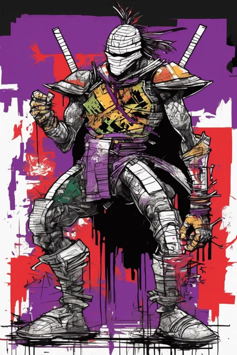 Jim Mahfood Style - Create a Full body, 2D Flat, 1987, Todd McFarlane cartoon style illustration of Shredder in the style of Jean - Michel Basquiat. Use bold lines and abstract shapes to depict the Ninja Turtle Villain. Incorporate Basquiat's signature style of street art and graffiti. Include shadows and depth. Dark City rooftop vibe. Consider using a mix of bright colors and black and white to create a striking image. Hints of purple and red