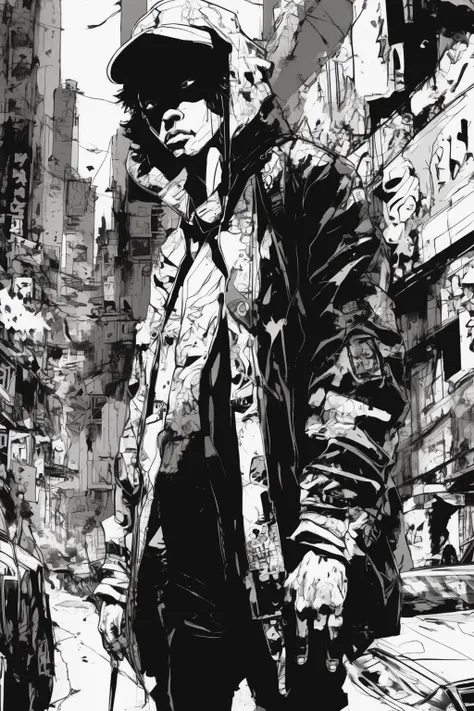 Jim Mahfood Style - Extreme closeup. artistically cropped. art by afro samurai. High contrast. urban.