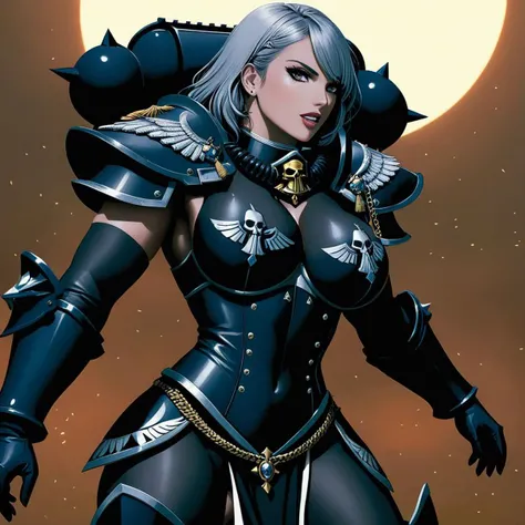 Panoramic full body picture of a sexy grim female Adepta Sororitas, ((in a fight with a Chaos Space Marine)), perfect figure, intricate detailed body, grim look, perfect face, perfect eyes, perfect teeth, perfect body, perfect, muscular arms, 6-pack abs, fit and muscular, silver grey long straight hair, big natural breasts, natural ivory skin, rose tattoos, lots of tattoos, (Action Pose:1.4), (perfect eyes), (detailed pupils), ((wearing a photorealistic Adepta Sisters of Soritas Armor with intricate details, choker)), ((cleavage)), epic, accessoires, damaged armour, early morning, highly detailed, breathtaking, cinematic, detailed, natural light, 4K, high-detail, sharp focus:1.3, vibrant colors:1.3, (creative:1.3)