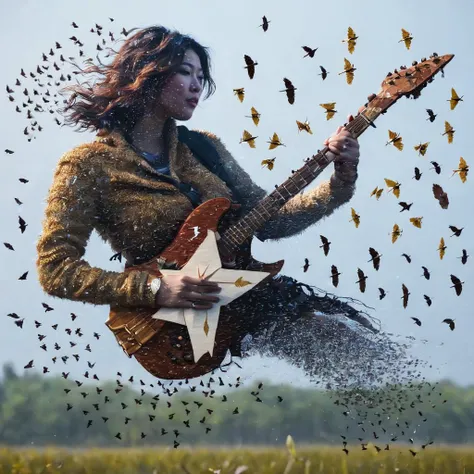 , high quality,best quality,aircraft, airplane, animal, animal on head, arrow \(symbol\), bat, bee, beetle, bird, bird on hand, bird on head, bird on shoulder, black feathers, blue butterfly, blue sky, blurry, bug, butterfly, butterfly on hand, city, cloud, condensation trail, crow, deer, depth of field, dolphin, dove, dragonfly, duck, eagle, eggplant, eighth note, falling leaves, feathers, fighter jet, flock, flying, giant, ginkgo leaf, glowing butterfly, helicopter, jet, leaf, lightning bolt symbol, military vehicle, motion blur, musical note, on head, origami, paper crane, parrot, pigeon, reiuji utsuho \(bird\), seagull, shikigami, ship, silhouette, size difference, sky, sparrow, spider, squiggle, squirrel, starfish, watercraft, white butterfly, white feathers, yellow butterfly,1970s \(style\), 1980s \(style\),1girl, burning, closed eyes, collarbone, constellation, embers, eyelashes, fire, galaxy, glowing, jewelry, light particles, lips, long hair, magic, parted lips, planet, solo, space, sparkle, star \(sky\), starry sky, upper body ,<lora:sl-Field scenery-xl_v1:0.8>,Masterpiece, High Resolution, 8K, Amazing Quality, Amazing Shadows, Soft Lighting,lifelike,extreme detail description,sharp focus,<lora:fcBeautyXL:0.8>