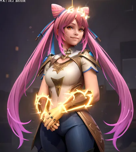 masterpiece, (photorealistic:1.4), best quality, beautiful lighting, RAW photo, 8k uhd,1 girl, marci, 1girl, solo, long hair, looking at viewer, smile, hair ornament, twintails, brown eyes, medium breasts, very long hair, closed mouth, pink hair, purple hair, short sleeves, cowboy shot, pants,