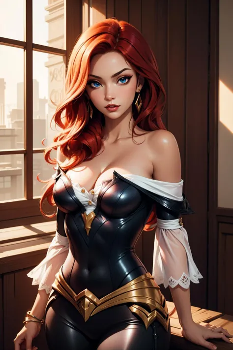 (masterpiece, best quality:1.2), intricate details, <lyco:GoodHands-beta2:1>, <lora:miss_fortune_lol-000010:1>, miss fortune \(league of legends\), 1girl, bare shoulders, off shoulder, cleavage, pants