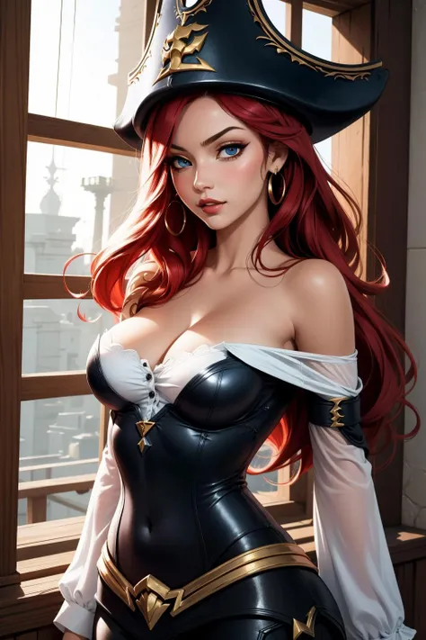 (masterpiece, best quality:1.2), intricate details, <lyco:GoodHands-beta2:1>, <lora:miss_fortune_lol-000010:1>, miss fortune \(league of legends\), 1girl, bare shoulders, pirate hat, white shirt, cleavage, pants