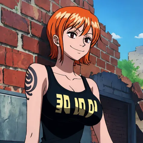 nami, 1girl, solo, breasts, short_hair, bangs, large_breasts, shirt, bare_shoulders, closed_mouth, upper_body, outdoors, sleeveless, orange_hair, black_eyes, english_text, , black_shirt, sleeveless_shirt, tattoo, smirk,  parody, tank_top, clothes_writing, arm_tattoo, shoulder_tattoo, ruins, brick_wall <lora:Nami  (pre timeskip) - [One Piece] - Version 1:0.8> nami,