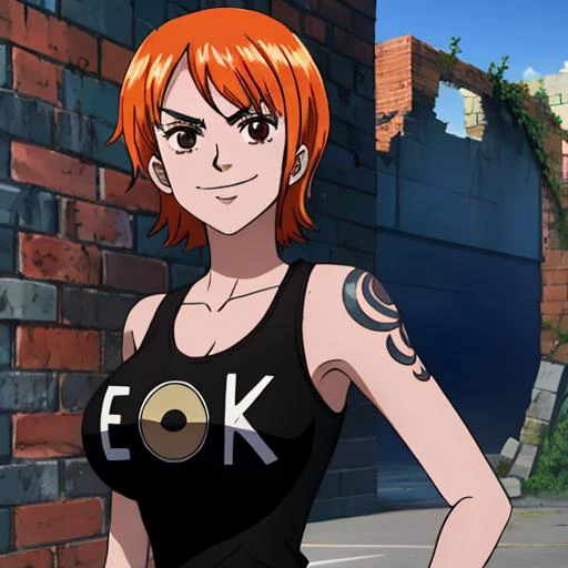 nami, 1girl, solo, breasts, short_hair, bangs, large_breasts, shirt, bare_shoulders, closed_mouth, upper_body, outdoors, sleeveless, orange_hair, black_eyes, english_text, v-shaped_eyebrows, black_shirt, sleeveless_shirt, tattoo, smirk,  parody, tank_top, clothes_writing, arm_tattoo, shoulder_tattoo, ruins, brick_wall <lora:Nami  (pre timeskip) - [One Piece] - Version 1:0.8> nami,
