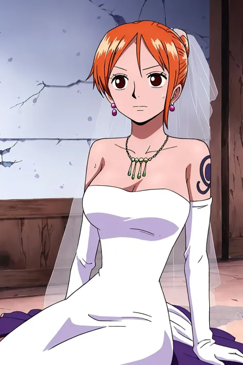 nami, 1girl, solo, breasts, short_hair, gloves, dress, cleavage, bare_shoulders, brown_eyes, jewelry, medium_breasts, sitting, closed_mouth, collarbone, ponytail, earrings, elbow_gloves, white_gloves, hand_up, necklace, white_dress, orange_hair, sweatdrop, strapless, tattoo, alternate_hairstyle, parody, veil, strapless_dress, short_ponytail, rock, wedding_dress, bridal_veil, hair_up, shoulder_tattoo, pillar, cracked_wall