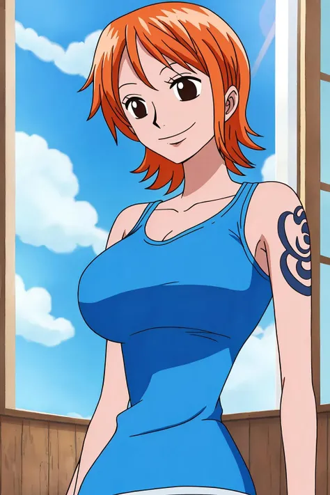nami, 1girl, solo, breasts, smile, short_hair, large_breasts, shirt, bare_shoulders, brown_eyes, closed_mouth, collarbone, upper_body, sky, sleeveless, day, cloud, indoors, orange_hair, blue_sky, window, sleeveless_shirt, tattoo, parody, tank_top, clothes_writing, shoulder_tattoo, open_window