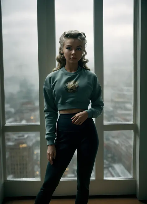 <lora:Vera Ellen_v3rl4n:1> v3rl4n, (((masterpiece))),(((best quality))),highly detailed, (1girl), standing in front of a window, wearing yoga pants and sweatshirt, raining outside, detailed water, city lights reflecting off the window, dusk, dynamic lighting, shadows, kodak film, high budget, bokeh, moody, epic, gorgeous, film