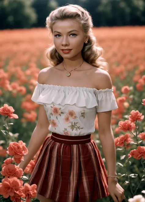 <lora:Vera Ellen_v3rl4n:1> v3rl4n, (32K resolution, masterpiece, ultra high quality, best quality, ultra high definition, perfect anatomy, Incredibly detailed, RAW, ultra super realistic, photorealistic, cinematic lighting, exquisitely detailed, extremely intricate, 8k UHD, high resolution), (1girl), cropped  off-shoulder tank top,  skirt, elegant hair, standing in the middle of a flower field,  seductive smile, dynamic vivid colors