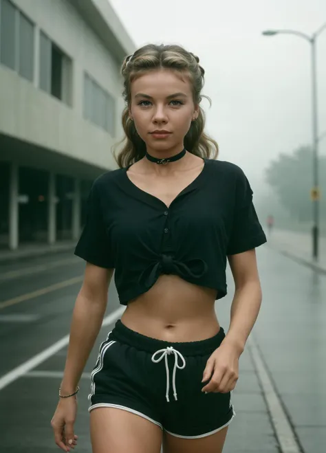 <lora:Vera Ellen_v3rl4n:1> v3rl4n, 1girl, wearing black runners shorts and a (loose fitting tied cropped shirt:1.2). perky breasts, Hair is tied back. Walking on running track. Cloudy day, drizzling rain, fog, street lights flickering, 35mm photograph, film, bokeh, professional, 4k, highly detailed dynamic lighting, photorealistic, 8k, raw, rich, intricate details, key visual, vivid colors, upper body photo