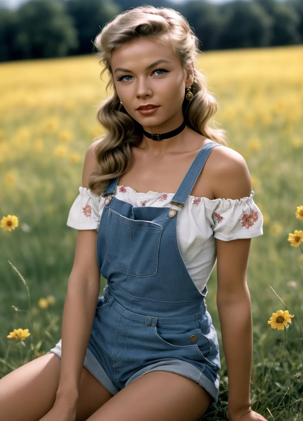 <lora:Vera Ellen_v3rl4n:1> v3rl4n, 16mm, remarkable color, ultra realistic, analog photo, Beautiful super model, highly detailed face, seducing eyes, wearing overalls, cropped off-shoulder tank top, in a field of grass. Bright sunny day. bokeh, professional, 4k, highly detailed dynamic lighting, photorealistic, intricate details, key visual, vivid colors