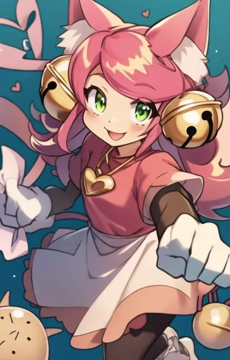 madmewmew. <lora:MadMewMew:1>, masterpiece, Highest Quality, Highest Resolution, perfect background, perfect perspective, sharp image, perfect details, perfect lighting,
perfect shadows, Perfect lighting, Best background,
<lora:MadMewMew-09:0.8>, 1girl, solo, animal ears, animal nose, smile, cat ears, tail, pink hair, cat tail, bell, hair ornament, cat girl, gloves, jingle bell, green eyes, hair bell, long hair, ahoge, short sleeves, heart, white gloves, cute
