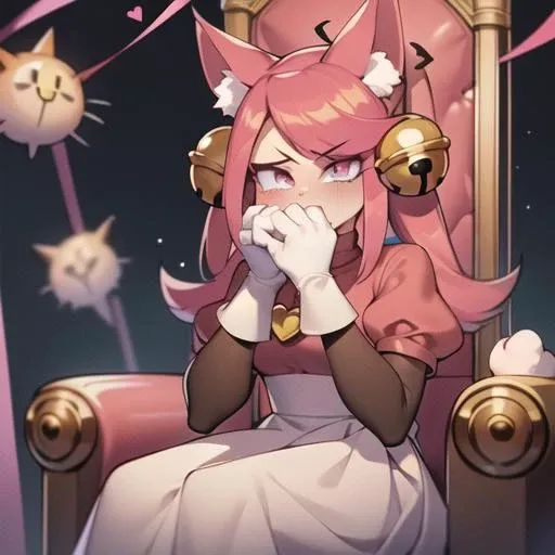 madmewmew, <lora:MadMewMew:1>, <lora:SittingOnThrone1:1> , masterpiece, Highest Quality, Highest Resolution, background chaotic dark castle
<lora:MadMewMew-09:0.8>, 1girl, solo, animal ears, animal nose, cat ears, tail, pink hair, cat tail, bell, hair ornament, cat girl, gloves, jingle bell, (closed eyes:1.3), hair bell, long hair, ahoge, short sleeves, red necklaceheart, white gloves,
throne, view from bottom to top, sitting, queen, (fur coat:1.2), perfect hands, completely covers his facewith his hands, tilts his face, cries, cry, saddly, closed mouth