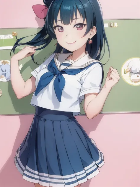 yoshiko, 1girl, solo, face closeup, two hands, smile, happy, (illustration:1.1),(best quality),(masterpiece:1.1),(beautiful and clear background:1.25),(extremely detailed CG unity 8k wallpaper:1.1), (colorful:0.9),(depth of field:0.75),( ink splashing:0.95),(color splashing:0.85),(watercolor:0.65), (cowboy shot:1.4),blue (school uniform:1.4),
1girl, bangs, dress, earrings,looking_at_viewer, neck_ribbon, smile,
classroom, indoor, sunny, detailed blue sky, <lora:yoshiko_v1:0.7>