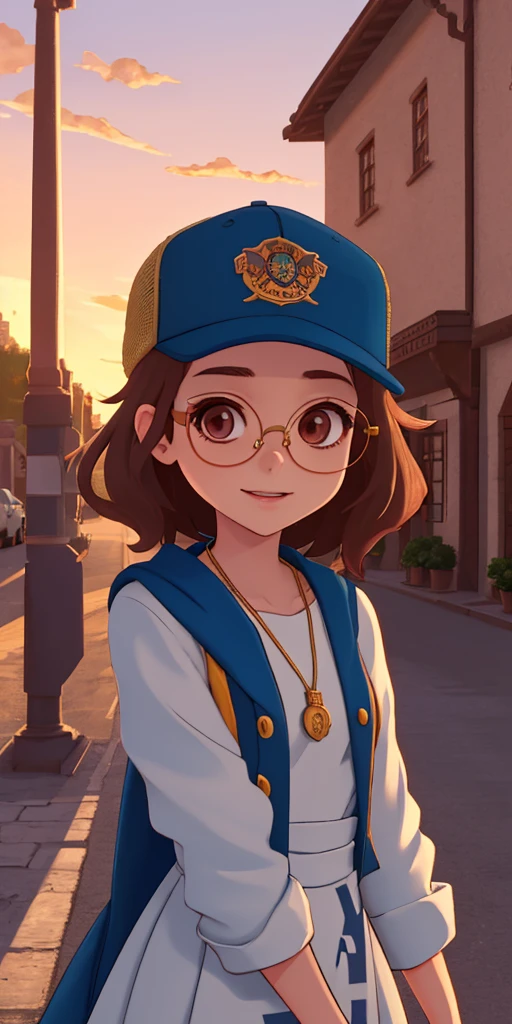 a masterpiece, award winning, best quality, a young woman, perfect face, exciting, upper body, concept art, Nasty tiny Cyclops, Geomancer, wearing dress designed by Harry Potter, South-American hair, Trucker hat, Glasses chain, at Golden hour, Cel shaded, Sots art, Side lighting
