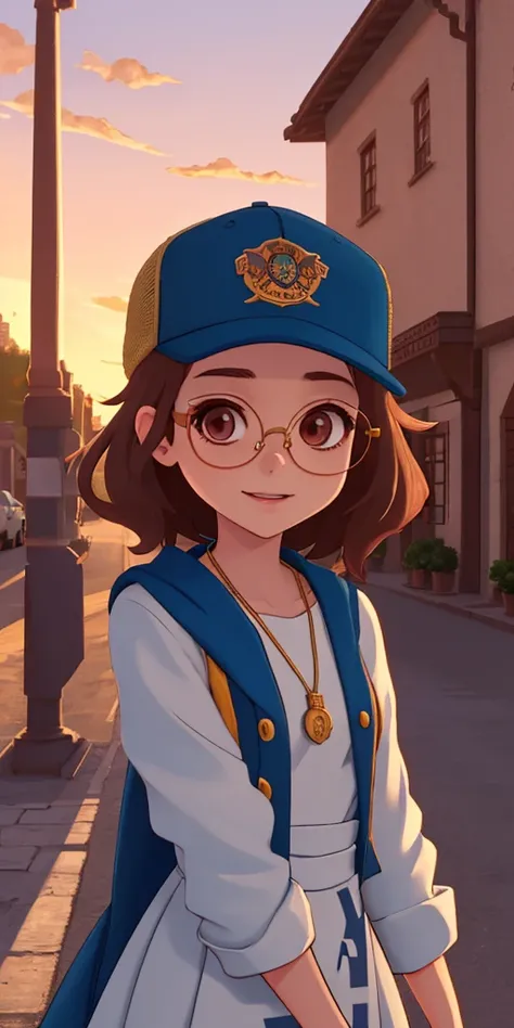 a masterpiece, award winning, best quality, a young woman, perfect face, exciting, upper body, concept art, Nasty tiny Cyclops, Geomancer, wearing dress designed by Harry Potter, South-American hair, Trucker hat, Glasses chain, at Golden hour, Cel shaded, Sots art, Side lighting