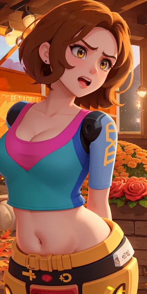 a masterpiece, award winning, best quality, a young woman, perfect face, exciting, upper body, portrait, space, Embarrassing,close up of a Robotic rotund Canadian rose byrne visiting a Cottage, Vibrant Belly button ring, Fall, Bokeh, Detailed illustration, Angry, dmt, waning light, complementary colors, adobe lightroom