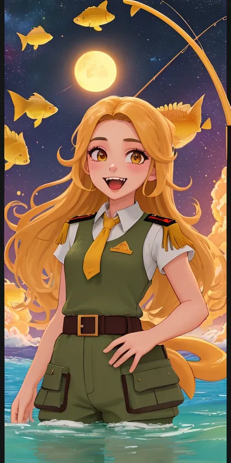 a masterpiece, award winning, best quality, a young woman, perfect face, exciting, upper body, concept art, Murano tall Algerian Man, Lieutenant Colonel, wearing Untidy Macedonian Fishing waders, Young hair, [Layered:Superficial:18] Fangs, Atari 2600 Style Tail, space, Sunny, Shock art, Direct light, 50mm, Pastel Colors
