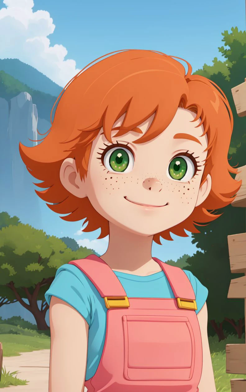 1girl,sxfrances,short hair,orange hair,green eyes,freckles,red overalls,blue_shirt,smile,solo,looking at viewer <lora:frances-v2:0.6>,nature,AS-Young,