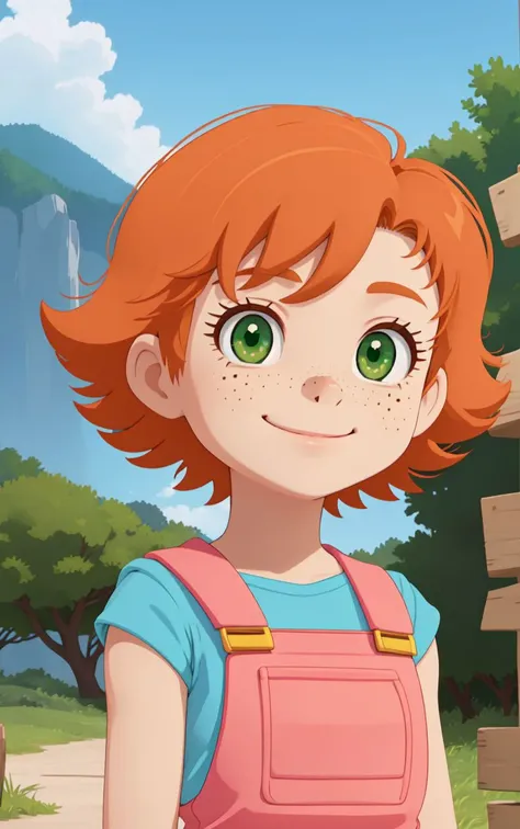 1girl,sxfrances,short hair,orange hair,green eyes,freckles,red overalls,blue_shirt,smile,solo,looking at viewer <lora:frances-v2:0.6>,nature,AS-Young,