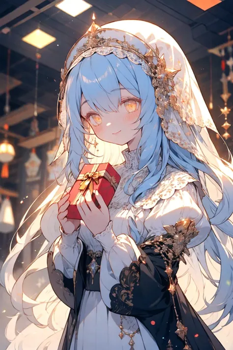 (holding-hands, white-silk-skirt silver-long-greaves orange-wings glass-headpiece blue-hair beautiful amber-yellow-eyes happy-face girl is sending the giftboxes), bokeh, in-the-shop indoors, snowflake, <lora:Glitter Concept:1.0>